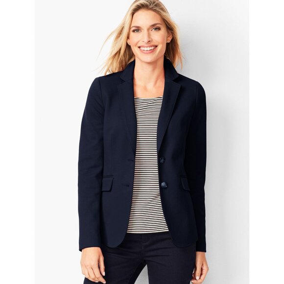 NWT Talbots Womens Petite Size 14 14P Navy Aberdeen Pique Knit Blazer Jacket NEW - Picture 1 of 3